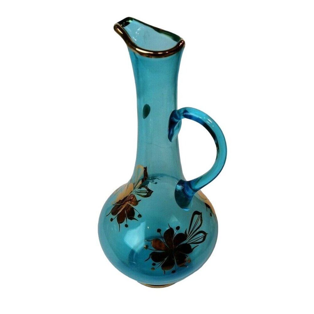 Aqua Blue Romanian Glass Decanter With Gold Floral Design & Handle